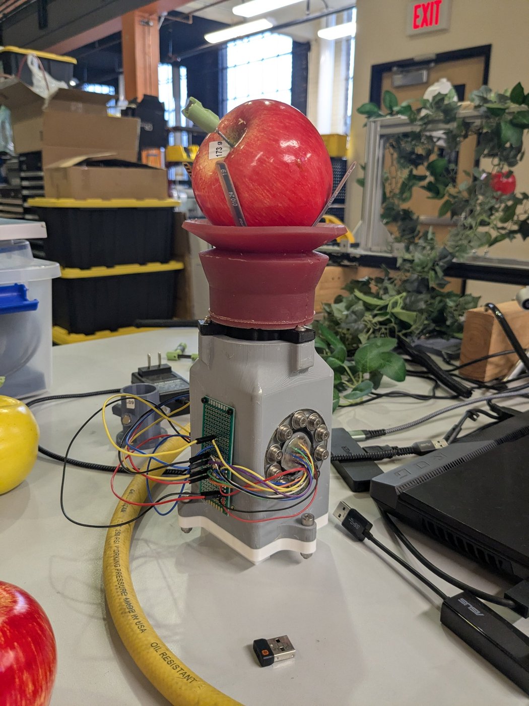 Finished end-effector prototype with an apple in the suction cup