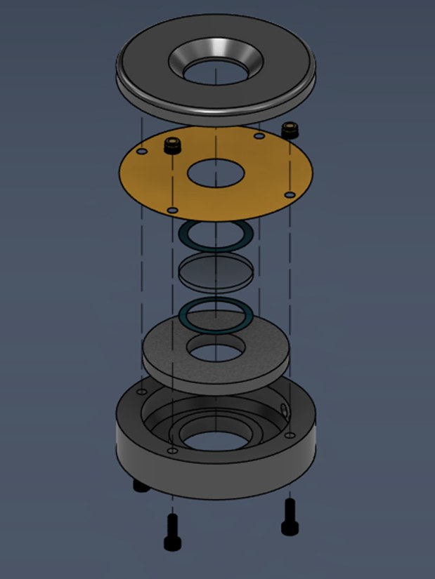 Exploded CAD view of the housing cap, Kapton film, lens, piezo ring, and housing base