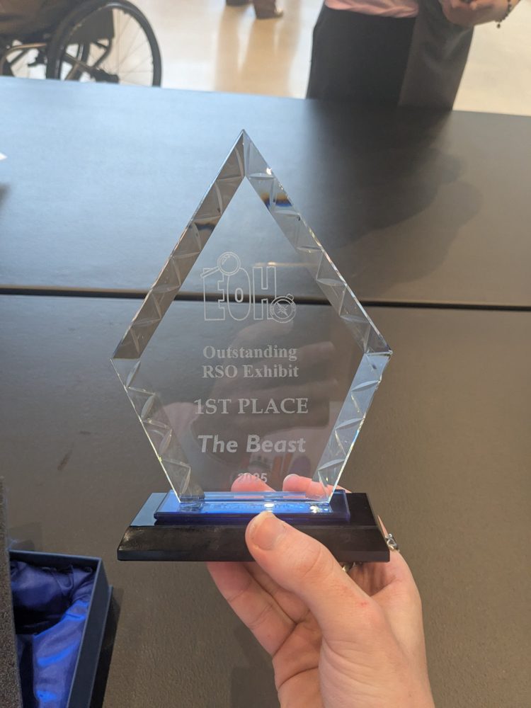 Glass trophy reading EOH Outstanding RSO Exhibit 1st Place, The Beast, 2025